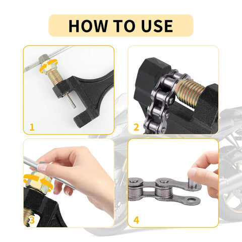 Motorcycle chain breaker tool usage guide; four-panel collage showing front view, side view, close-up bolt, and chain links.