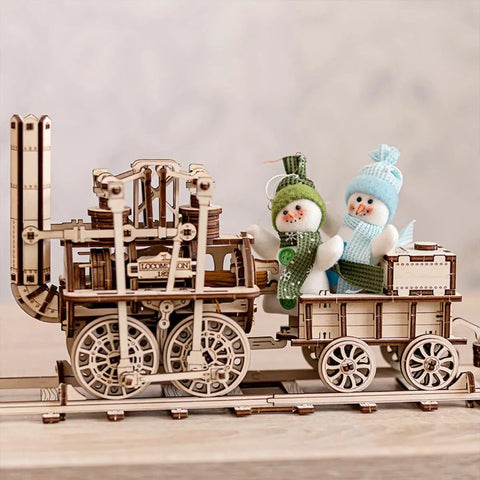 3D Steam Train Model Kit For Adults And Teens DIY Wood Puzzle Set With Vintage Locomotive No 1 Design Educational STEM Toy Collectors Display Birch Wood Construction 325 Piece Build assembled vintage birch wood steam train with snowmen on display