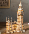 Big Ben 3D Wooden Puzzle Kit For Adults Easy To Build And Satisfying To Finish Laser Cut Wood Model That Makes A Dope Gift For Family And Friends And A Stylish Home Decor Piece. assembled laser-cut wood Big Ben model with clock tower and base