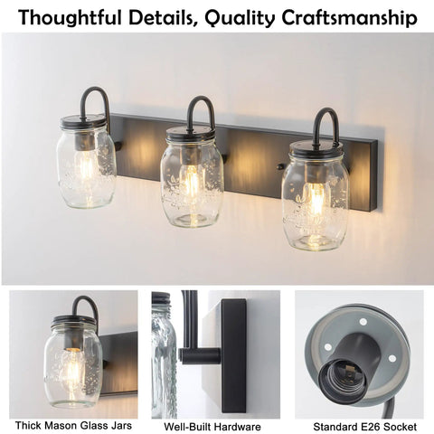 Mason Jar Vanity Glass Wall Lights Black Wall Sconce For Bathroom Farmhouse Decor, Modern Rectangular Backplate Mount, Lit Ambient Glow For Living Room Bedroom Kitchen Powder Room And Hallway