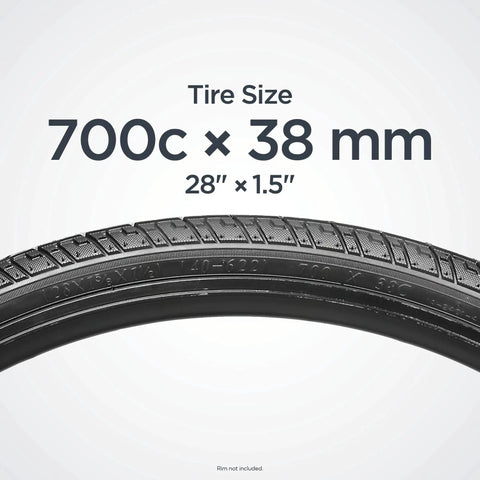 Replacement 700c x 38 Hybrid Bike Tire With Puncture Guard, 28 inch, showing all weather tread and tire details.