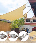 Heavy Duty Stainless Steel Shade Sail Hardware Kit For Triangle Square And Rectangle Sails Rust Proof 304 Stainless Built Tough For Patio And Lawn Outdoor Shade Sail Installations shown installed in a garden