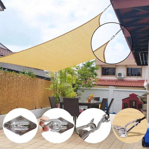 Heavy Duty Stainless Steel Shade Sail Hardware Kit For Triangle Square And Rectangle Sails Rust Proof 304 Stainless Built Tough For Patio And Lawn Outdoor Shade Sail Installations shown installed in a garden