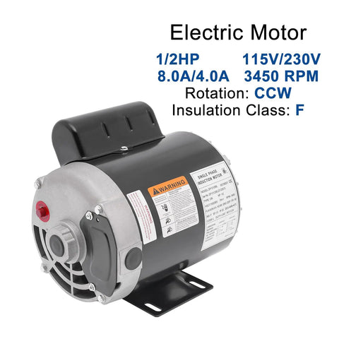 Half HP Single Phase Electric Motor Powerful 3450 RPM 56 Frame Five Eighth Inch Keyed Shaft One Point Eight Eight Inch Shaft Length Dual Voltage 115V And 230V CCW Rotation Ideal For Air Compressors Pumps Agricultural Machinery And General Equipment