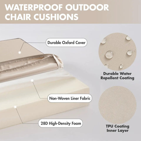 Beige Outdoor Chair Cushions Set Of 2 For Patio Chairs 19 X 19 X 3 Waterproof With Adjustable Straps Fade Resistant material layers