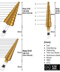 Front view of gold titanium-coated HSS step drill bit set, 3 pcs, with 1/4" hex shanks for drilling sheet metal (1/8"–3/4").