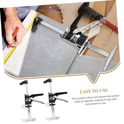 Close-up of Solid Grip Handheld Leveling Jack Pair Multi Purpose Tile Lifter And Cabinet Adjuster in use measuring tile alignment.