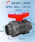 1 Inch UPVC Ball Valve with True Union Full Flow PVC SCH 80, double union, EPDM O Rings, dimensions shown, for irrigation and venting systems