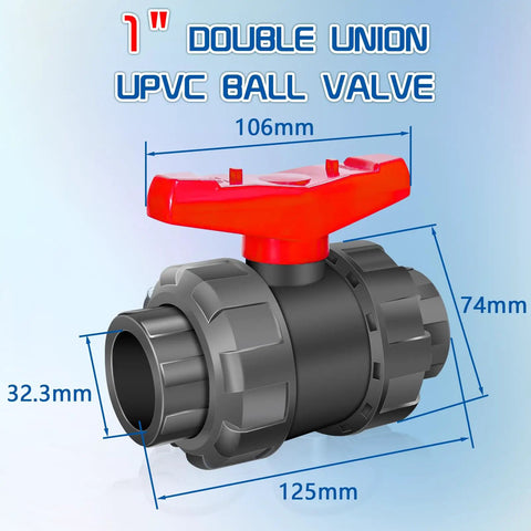 1 Inch UPVC Ball Valve with True Union Full Flow PVC SCH 80, double union, EPDM O Rings, dimensions shown, for irrigation and venting systems