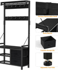 Five In One Entryway Hall Tree with bench, 17 hooks, two shelves, two drawers, and adjustable foot pads in black.