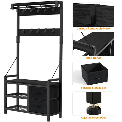Five In One Entryway Hall Tree with bench, 17 hooks, two shelves, two drawers, and adjustable foot pads in black.