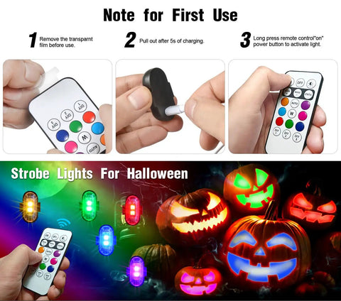 Wireless LED Strobe Lights With Remote Control 8 Color Rechargeable Anti Collision Emergency Warning Kit For Car Motorcycle Bike Drone Aircraft Memory Function Long Range Remote Beast Mode For Riders, showing usage instructions and Halloween theme.