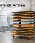Built Tough 15 Tier Paint Drying Rack For Cabinet Doors And Wood Panels Heavy Duty Steel Rack with rolling casters, showcasing drying process.