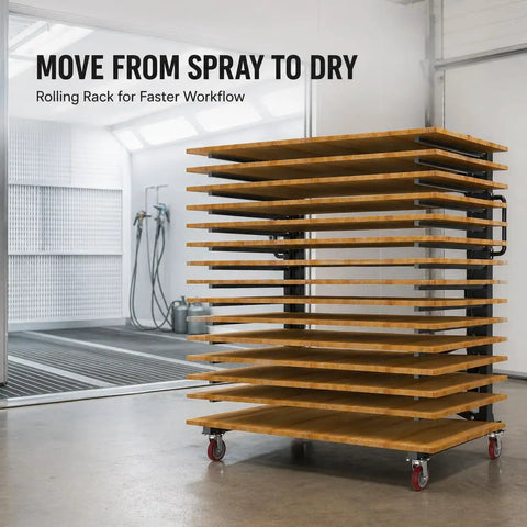 Built Tough 15 Tier Paint Drying Rack For Cabinet Doors And Wood Panels Heavy Duty Steel Rack with rolling casters, showcasing drying process.