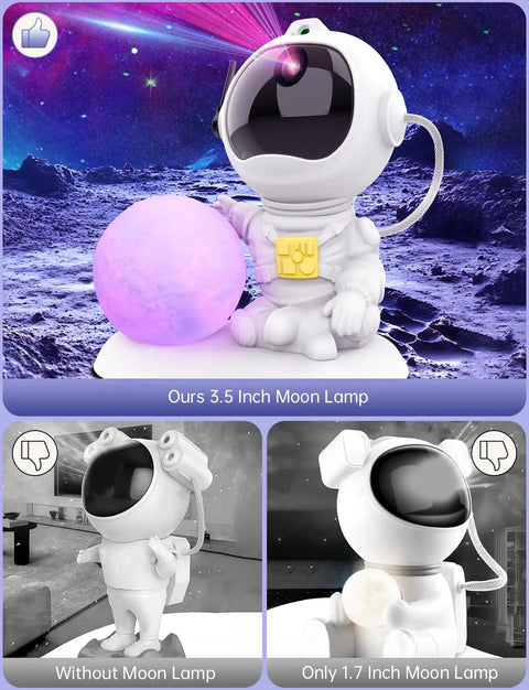 Astronaut-shaped 3.5-inch moon lamp with 3 In 1 Starry Sky Projector Night Light With Voice Control 21 Lighting Effects features.