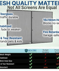 Comparison chart of mesh quality showing premium screen features like 60g fiberglass, UV-stabilization, and fire retardant properties.