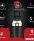 Heavy-Duty 6 Gallon Wet Dry Vacuum With 3 Peak HP Power, Dual-Flex Hose, Built-In Blower Port, labeled components diagram