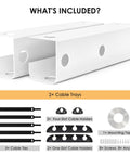 Under Desk Cable Management Tray 31.5 Inch Cord Organizer For Wire Management No Drill Drill Compatible Mounts Home Office Computer Desk Cable Hider White 2 Pack showing contents including cable trays, ties, clips, and mounts.