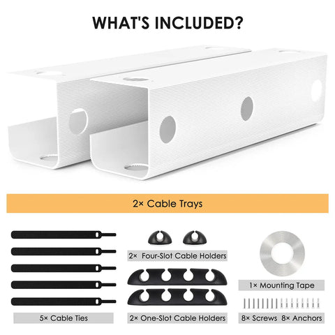 Under Desk Cable Management Tray 31.5 Inch Cord Organizer For Wire Management No Drill Drill Compatible Mounts Home Office Computer Desk Cable Hider White 2 Pack showing contents including cable trays, ties, clips, and mounts.