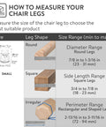 Size guide for chair leg floor protectors, showing round, square, and irregular leg shapes with measurements.