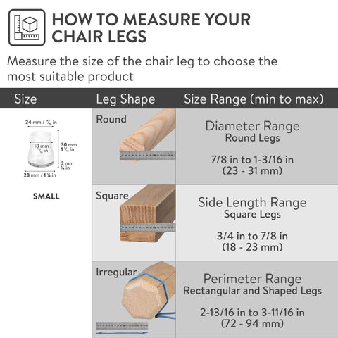 Size guide for chair leg floor protectors, showing round, square, and irregular leg shapes with measurements.