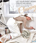 Woman painting near ladder with Pack Of 4 Heavy Duty 4x12 Canvas Drop Cloths For Painting And Art Supplies, 8oz Duck Fabric.