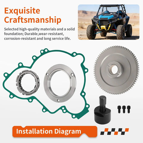 Beefed-Up Flywheel Puller And Starter Clutch Idler Gear One Way Bearing Kit For RZR XP Turbo And 1000 Series UTVs Including XP 4 Turbo XP 4 1000 XP 1000 Turbo R Ranger General Trail 900 1000 RS1 2015-2023 with gasket and gears displayed