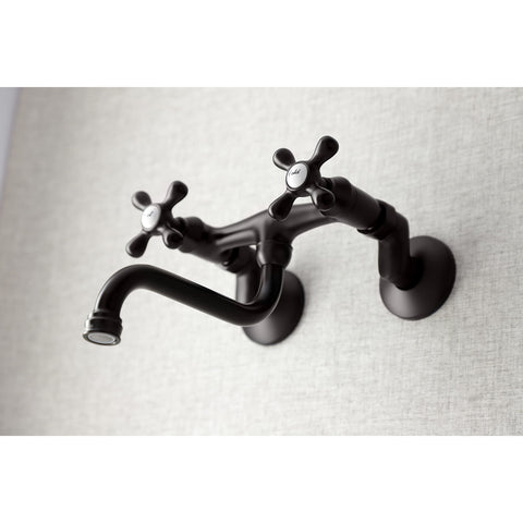 Two Handle Wall Mount Bathroom Faucet In Polished Nickel With Drip Free Ceramic Disc Cartridge, Adjustable Center From Three And A Half Inches To Eight And A Half Inches, 1.2 GPM Flow, Solid Brass Build, Sleek Dope Bath Upgrade, shown installed against a neutral wall