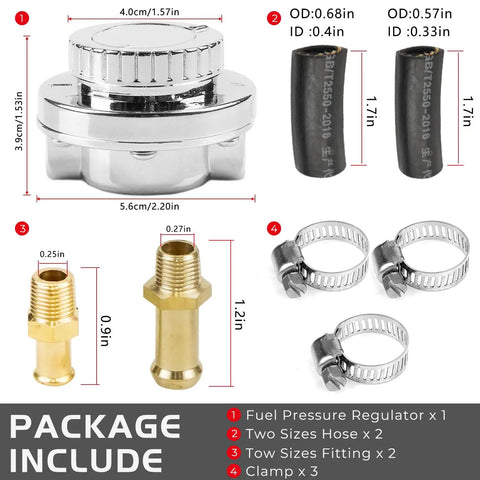 Universal 1 To 5 PSI Fuel Pressure Regulator For Carburetors With Zinc Alloy Body and fittings, hose, clamps included