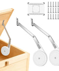 2 Pack Soft Close Hinges For Toy Boxes And Chests Heavy Duty Lid Support with screws and mounting template displayed