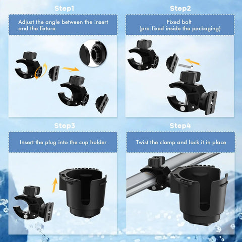 Installation steps for Universal Cup Holder Clamp that fits 0.6 to 1.5 inch tubes for ATV, motorcycle, bike, wheelchair, golf cart.