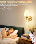 Cozy bedroom scene with a woman sleeping, featuring Battery Operated Wall Sconces Set of 2, Rechargeable Wireless Wall Sconces with 10000mAh RGB Dimmable Bulb and Remote.