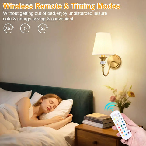 Cozy bedroom scene with a woman sleeping, featuring Battery Operated Wall Sconces Set of 2, Rechargeable Wireless Wall Sconces with 10000mAh RGB Dimmable Bulb and Remote.