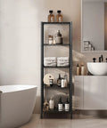 Heavy Duty 5 Tier Wire Shelving Unit 18 By 18 By 59 Inches Sturdy Metal Storage Rack in black with towels and bath products.