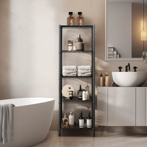 Heavy Duty 5 Tier Wire Shelving Unit 18 By 18 By 59 Inches Sturdy Metal Storage Rack in black with towels and bath products.