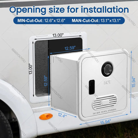 Portable Tankless Propane Water Heater For RV Campers Brings Dang Fast 55000 BTU Instant Heat, installation opening dimensions shown.
