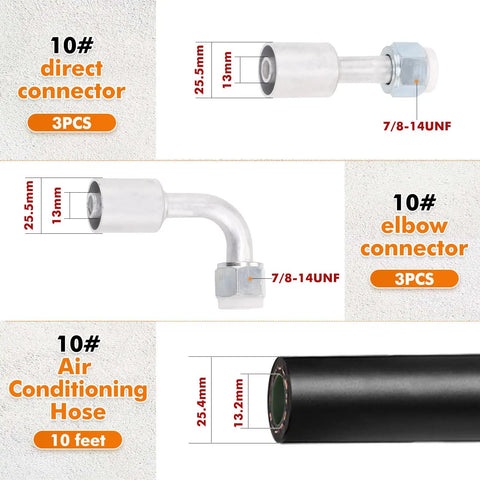 Air Conditioning Hose And Fittings Kit 26-Piece Set With 9.5-Foot Hoses In Sizes 6, 8 And 10 Includes Fittings And Pipe Cutter For DIY HVAC Repairs Great For Home Projects, showing connectors and hose specifications.