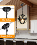 Five Light Industrial Pendant Lighting Fixture With Rustic Vintage Globe Design In Gold Finish Five Ring Chandelier For Kitchen Island Dining Room Living Room Hallway Or Entryway E12 Base Compatible showing flat and sloped ceiling installation options