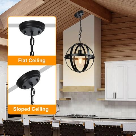 Five Light Industrial Pendant Lighting Fixture With Rustic Vintage Globe Design In Gold Finish Five Ring Chandelier For Kitchen Island Dining Room Living Room Hallway Or Entryway E12 Base Compatible showing flat and sloped ceiling installation options