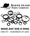 Variety of black O-rings in different sizes displayed with Beaver Island Parts Company logo, "Make Any Size O-Ring, One Kit - Hundreds of Uses" text.