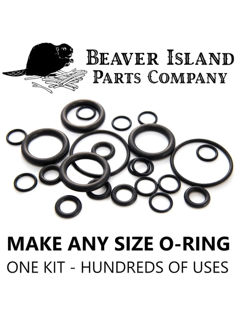Variety of black O-rings in different sizes displayed with Beaver Island Parts Company logo, "Make Any Size O-Ring, One Kit - Hundreds of Uses" text.