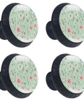 4 Pack Cute Vintage Pink Flower And Leaf Round Cabinet Knobs With Sage Green Backdrop for Drawers, Dresser, Cabinets