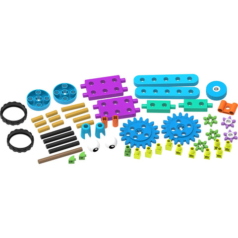 Robot Engineer STEM Kit for Kids non-motorized parts including colorful gears, wheels, and connectors on a white background.