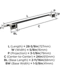 Diagram with dimensions of Slick Polished Nickel And Black Bronze Towel Bar, 24 Inch Towel Rack With Knurled Texture, Esquire Bath Hardware.