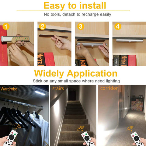 Six Pack Wireless Under Cabinet Lights With Remote Control No Fuss Dimmable 20 LED Rechargeable Stick-On Night Light Strips installation and application in wardrobe, stairs, corridor