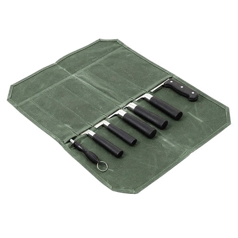 Outdoor Knife Roll Bag Made From Waxed Canvas With Tough As Nails Padded Slots A Portable Knife Pouch For Chef Knives Open OD Green