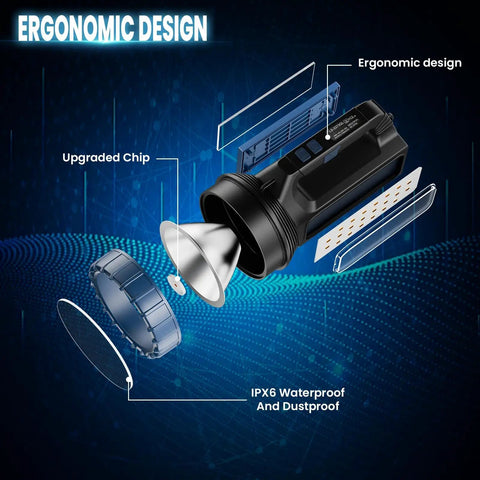 Exploded view of Go To Solar Powered Flashlight With 8000 Lumens Emergency Portable Camping Light showcasing ergonomic design