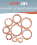 Copper Crush Washer Set for Oil Pan Plugs, 200 Piece Assortment displaying 9 sizes of rust resistant washers in gold finish
