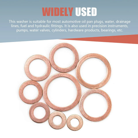 Copper Crush Washer Set for Oil Pan Plugs, 200 Piece Assortment displaying 9 sizes of rust resistant washers in gold finish