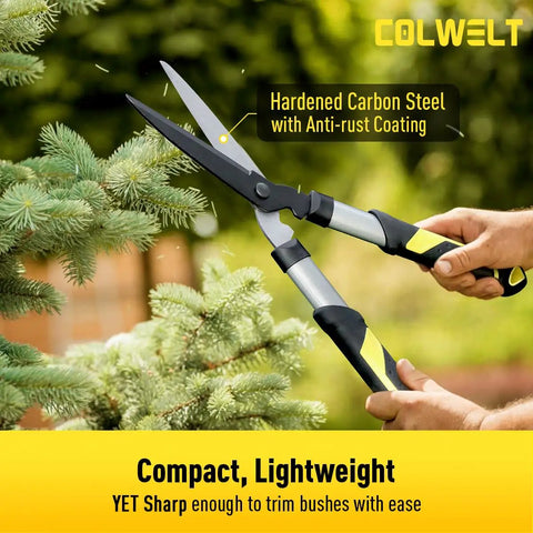 Compact 17 Inch Anvil Loppers And Hedge Shears 3 Piece Garden Pruning Set in use trimming bush with hardened carbon steel blades.